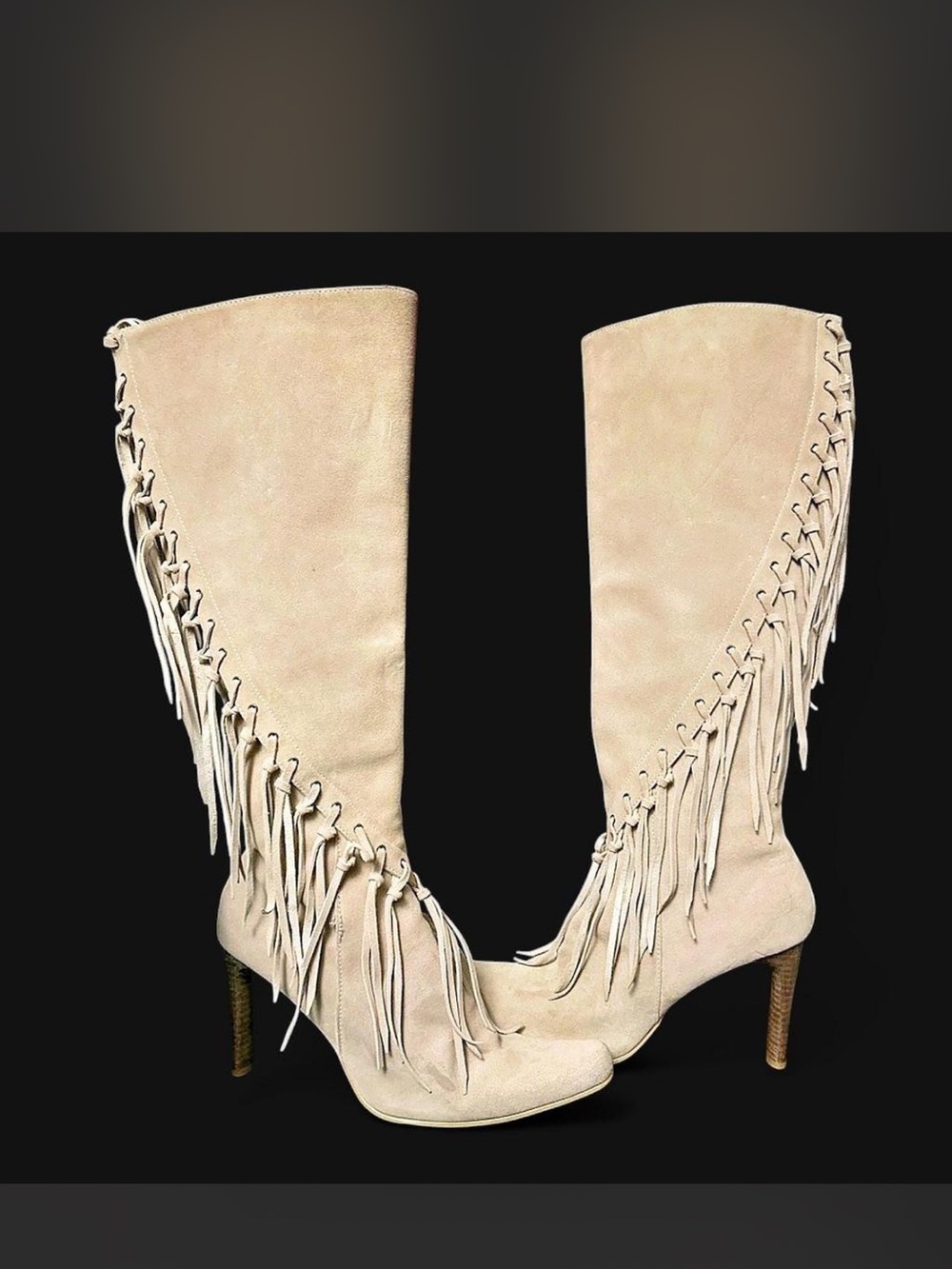 MIA Vintage Suede Fringe Knee-High Heeled Boots - Size 8.5 ✨
